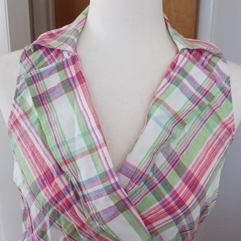 Lauren Ralph Lauren Sleeveless Wrap Blouse Top Collared Vneck Green Pink XS